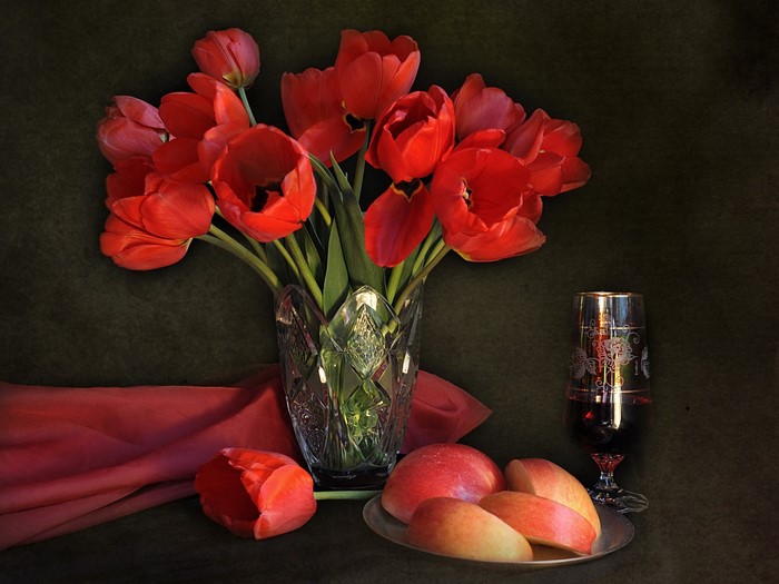 Red Tulips in a Crystal Vase with Apples and Wine