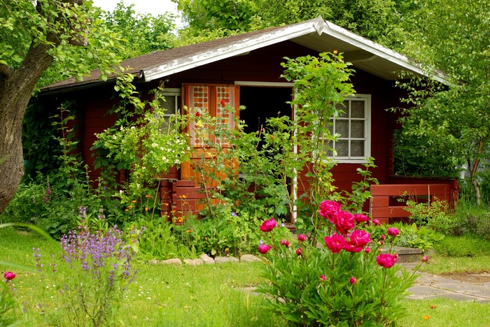 Red wooden shed in a garden with flowers