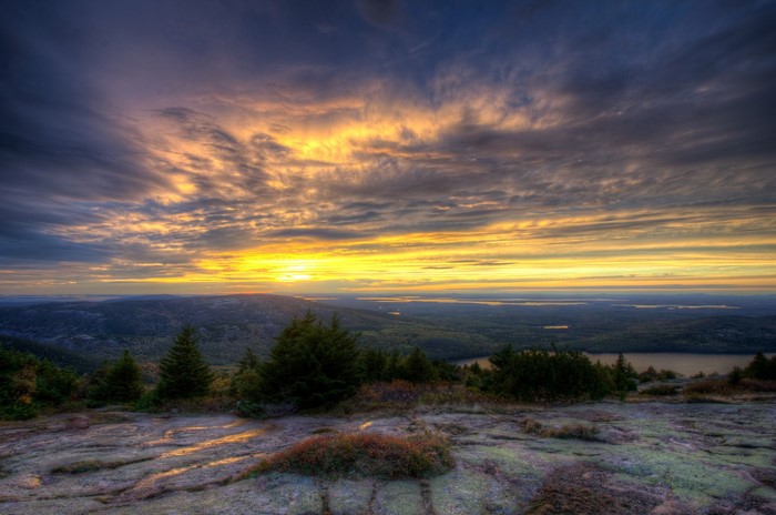 Sunset over Acadia National Park with dramatic clouds