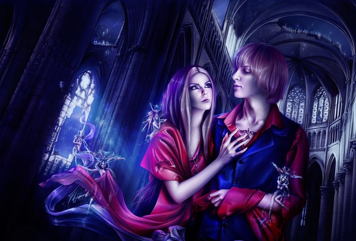 Couple in a gothic cathedral with fairies