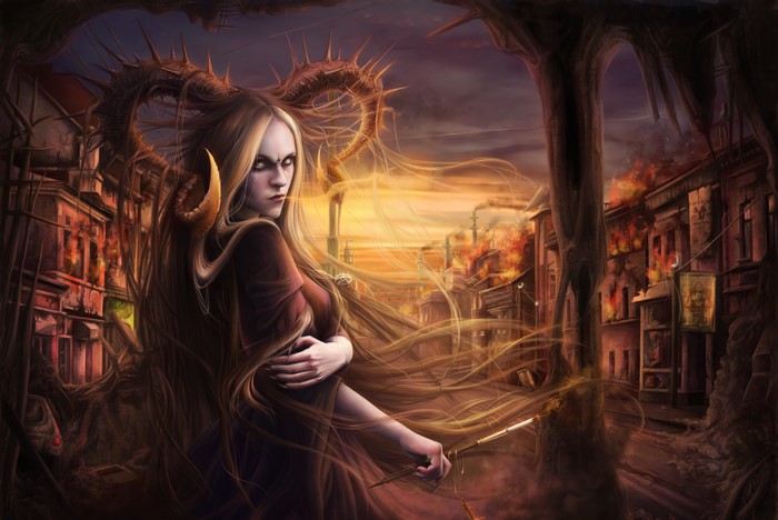 Demon woman with horns in burning city