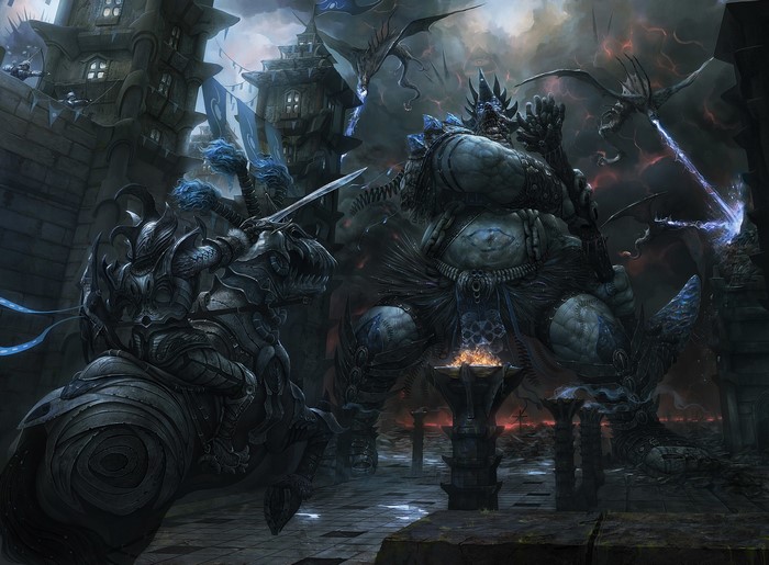 Knight on armored horse battles giant monster with dragons overhead