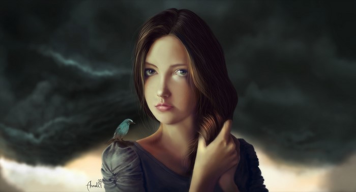 Painting of a brown-haired girl with a bird