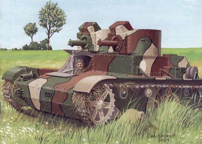 Painting of a 7TP tank in a field