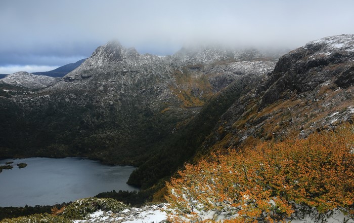 Snow-dusted mountains and lake in Tasmania, Australia