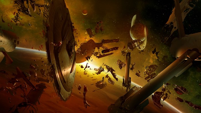 Space debris and destroyed ships near a planet