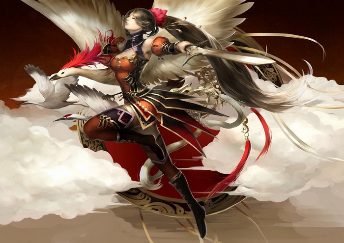 Warrior with wings and swords flying with cranes