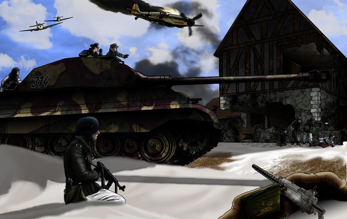 World War II battle scene with tank and aircraft