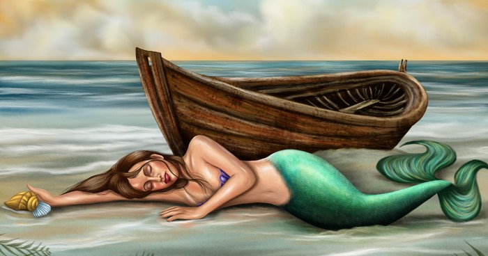 Mermaid sleeping on beach next to a boat