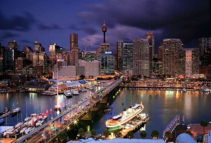 Sydney Harbour at Night with City Skyline and Bridge