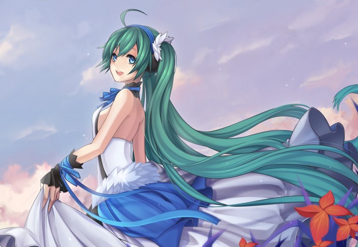 Hatsune Miku from Vocaloid wearing a white and blue dress