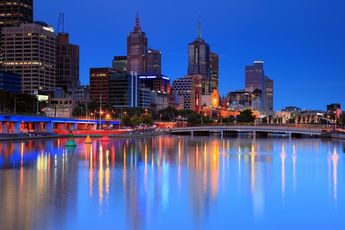 Melbourne skyline at dusk with Yarra River reflections