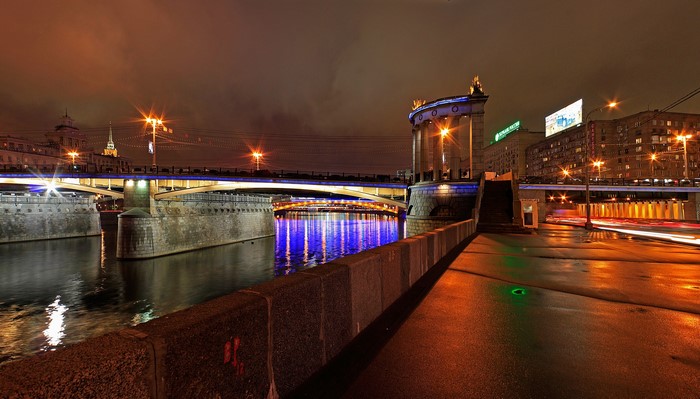 Night view of bridges over a river in Moscow, Russia
