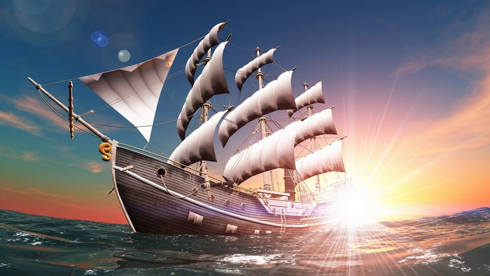 4K sailing ship on the sea at sunset