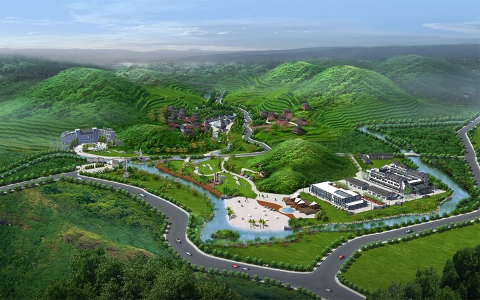 Aerial view of a resort in a mountainous landscape