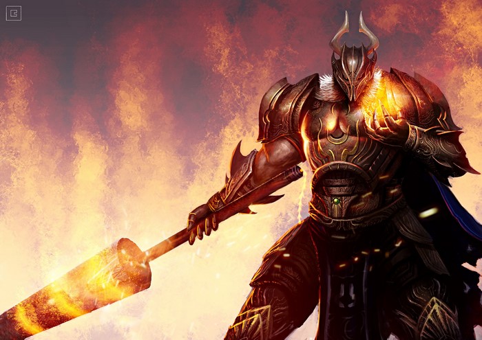 Warrior in ornate armor holding a flaming orb and weapon
