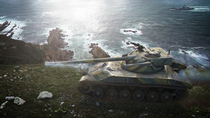 Bat Chatillon 25 t tank on a coast near a warship
