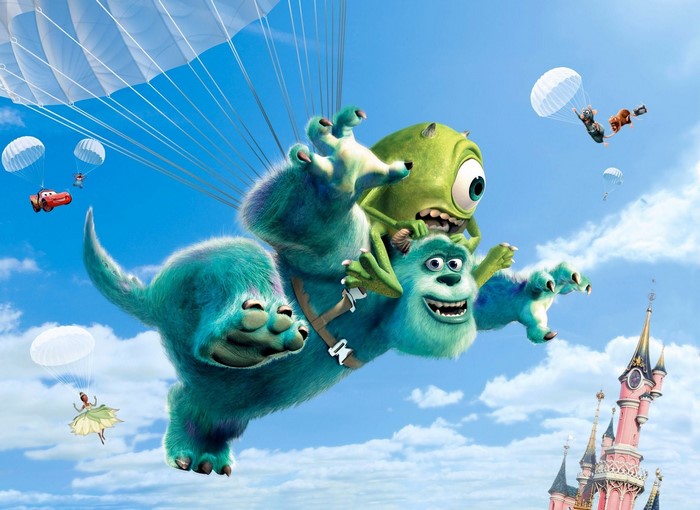 Monsters, Inc. characters skydiving over a castle
