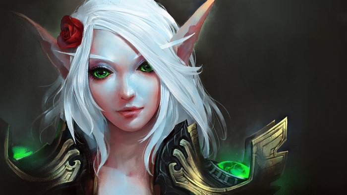 Elf from World of WarCraft with green eyes and white hair