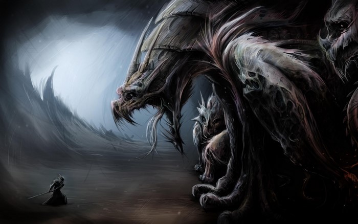 A warrior faces a monstrous dragon in a dark cave