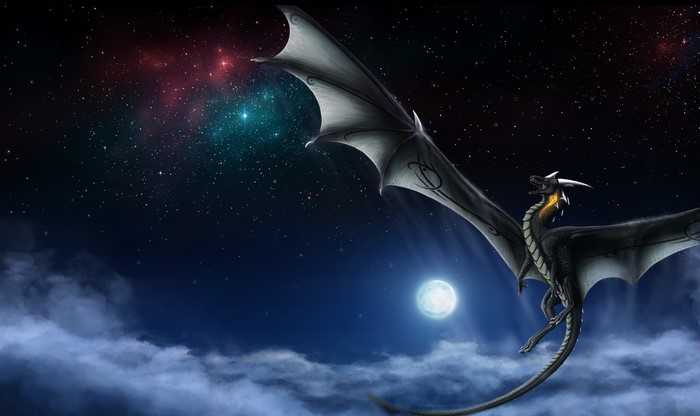 Dragon flying in the night sky with moon and stars