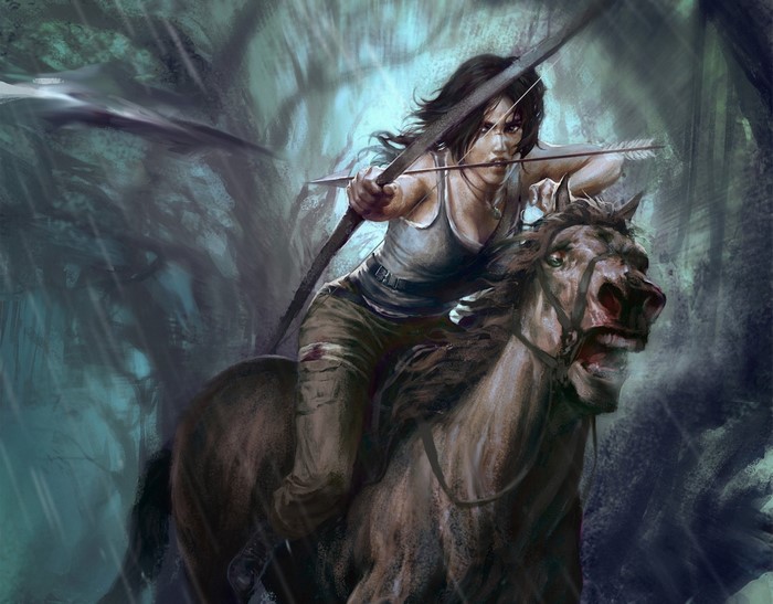 Lara Croft from Tomb Raider riding a horse with a bow
