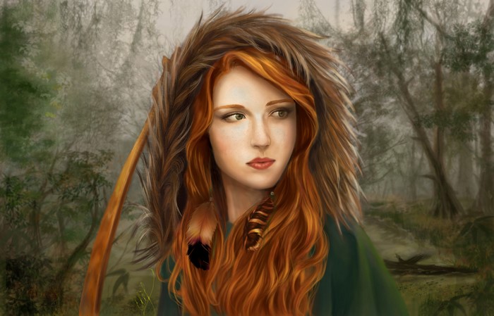 Redhead girl with fur hood in forest