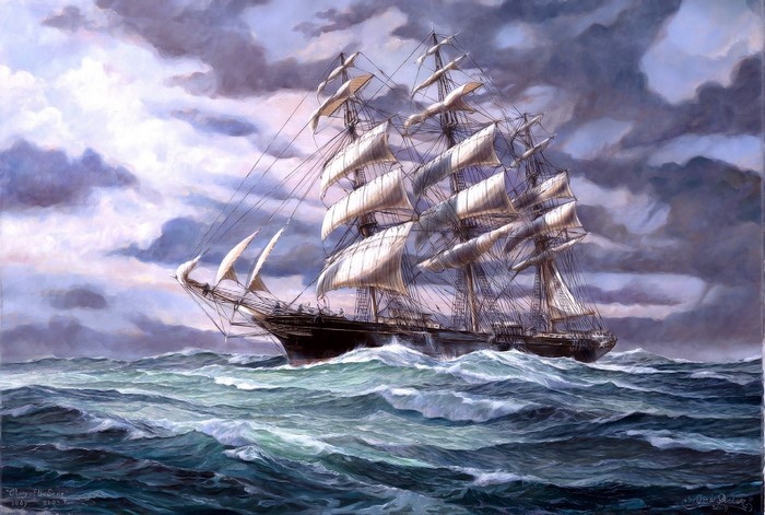 Painting of a tall ship sailing on rough seas