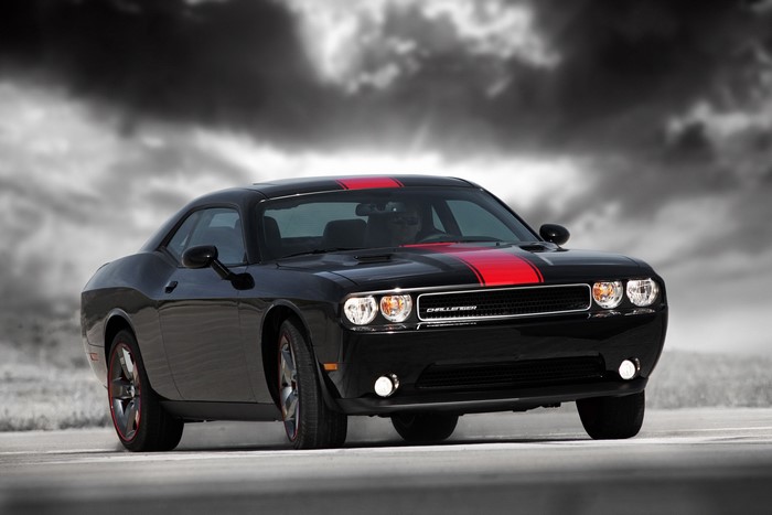 Black 2012 Dodge Challenger Rallye Redline with Red Stripes