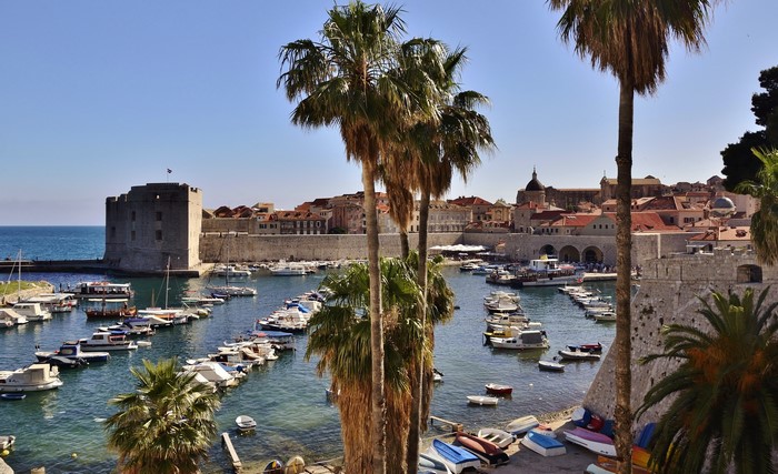 Dubrovnik harbor with Fort Revelin and palm trees