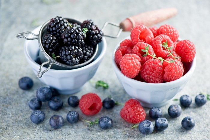 Blackberries, Raspberries, and Blueberries in Bowls