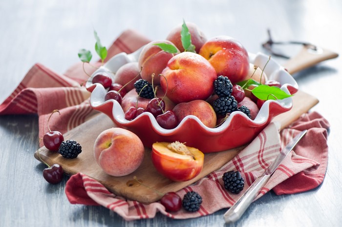 Bowl of Peaches, Cherries, and Blackberries