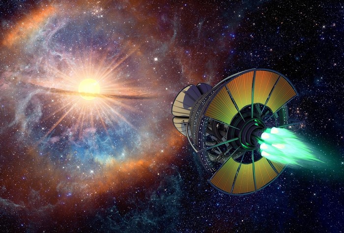 Spaceship with green engine exhaust in front of a nebula and star
