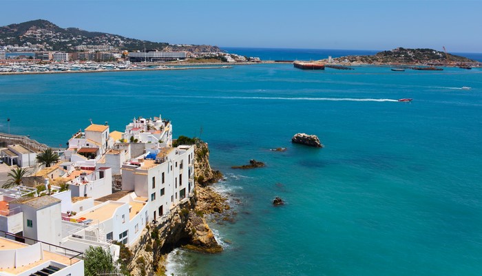Ibiza Balearic Islands Spain Coastline with White Buildings