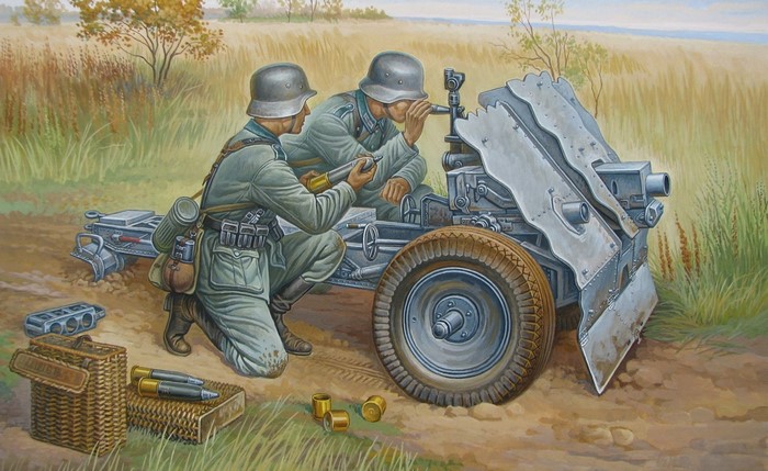 Soldiers operating a cannon in a field