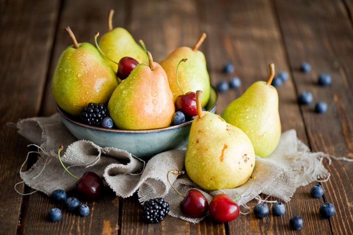 Pears, Cherries, Blackberries, and Blueberries in a Bowl