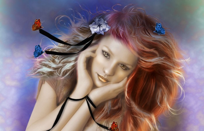 Digital painting of a woman with butterflies and ribbons
