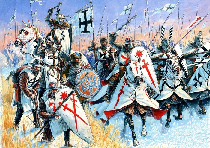 Knights in armor with shields and banners in battle