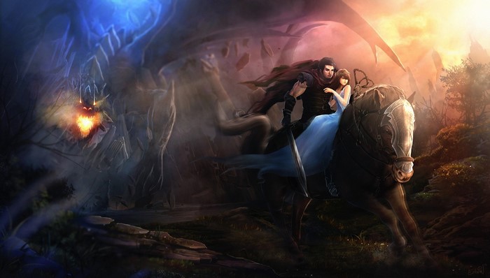 Couple riding a horse with a dragon in the background