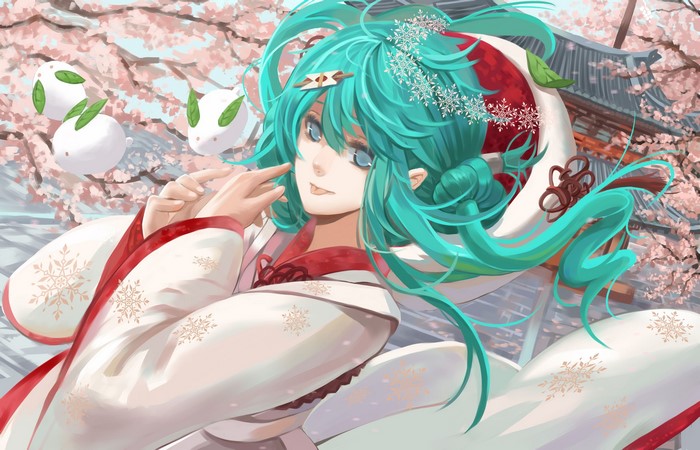 Hatsune Miku in Kimono with Cherry Blossoms