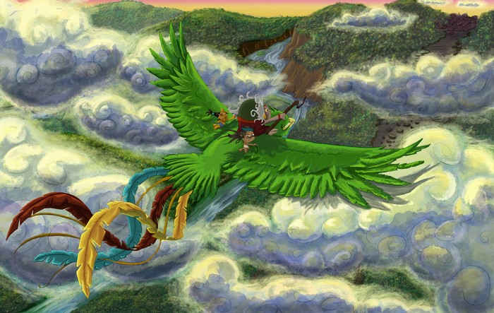Illustration of a green bird flying with people