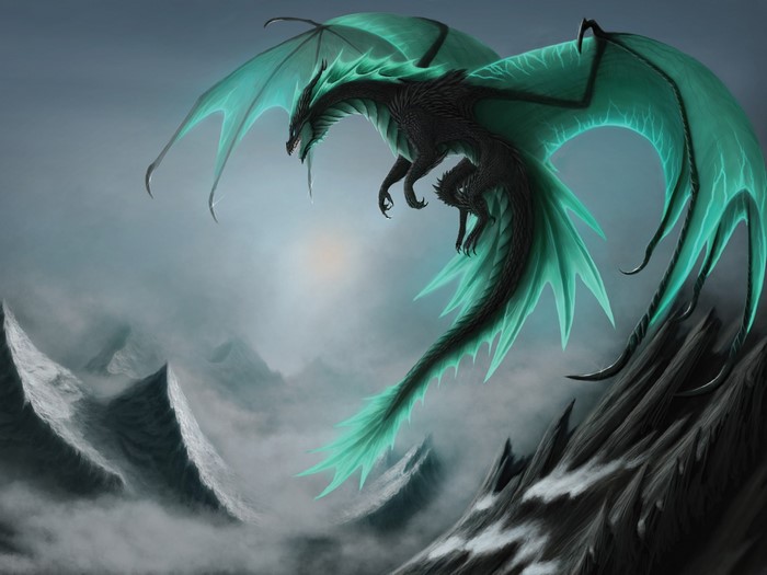 Majestic Dragon with Glowing Turquoise Wings in Misty Mountains