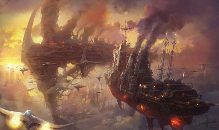 Steampunk airships and city in the clouds