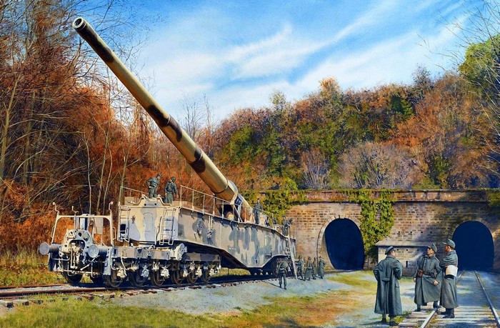 Painting of a large railway gun with soldiers