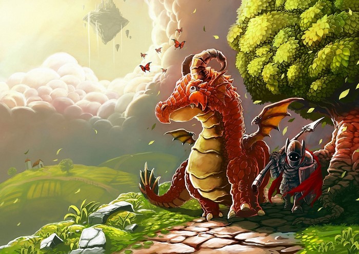 Red Dragon and Knight in a Fantasy Landscape
