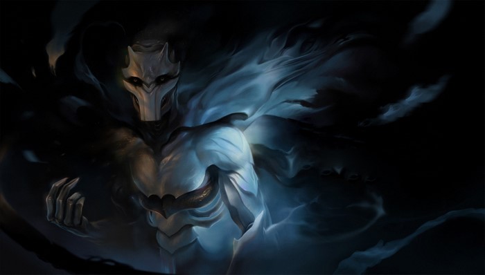 A shadowy, masked creature with glowing blue accents