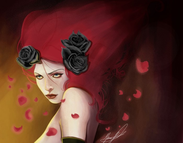 Painting of a woman with red hair and black roses
