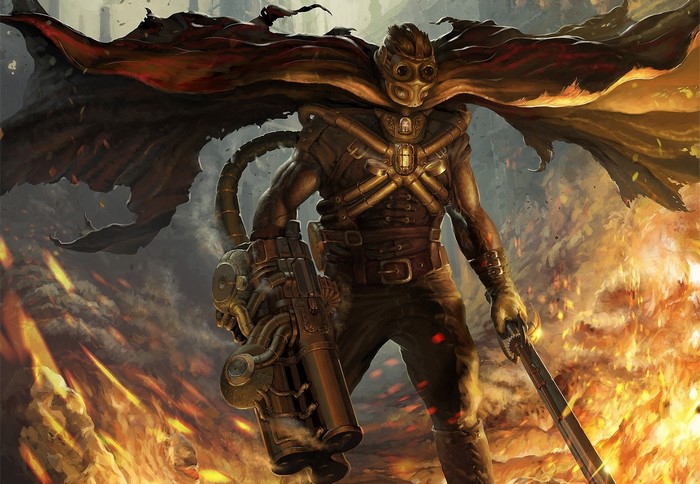 Steampunk warrior with goggles and cape holding a weapon