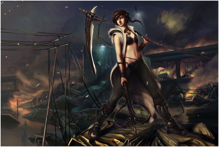Warrior with Scythe and Gun in Ruined City