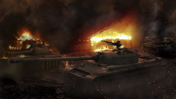 World of Tanks: Tanks in a burning village at night